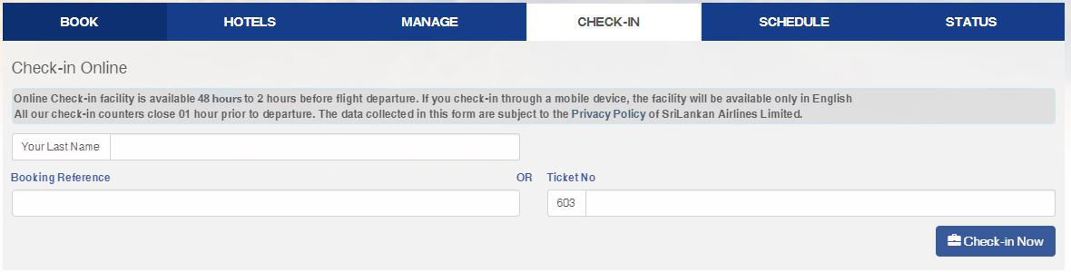 Screenshot of online checkin 
