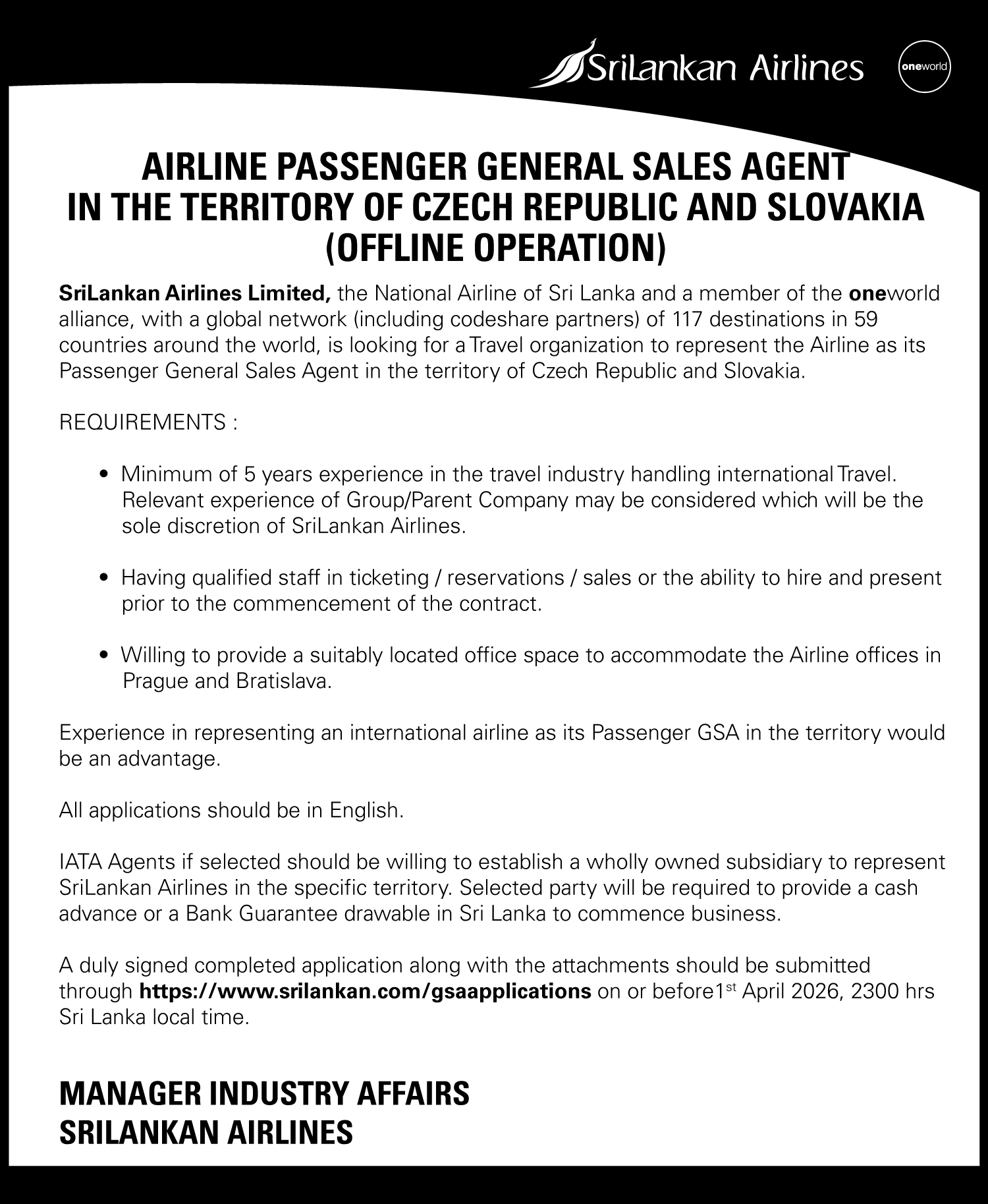 AIRLINE PASSENGER GENERAL SALES AGENT IN THE TERRITORY OF CZECH REPUBLIC AND SLOVAKIA (OFFLINE OPERATION)