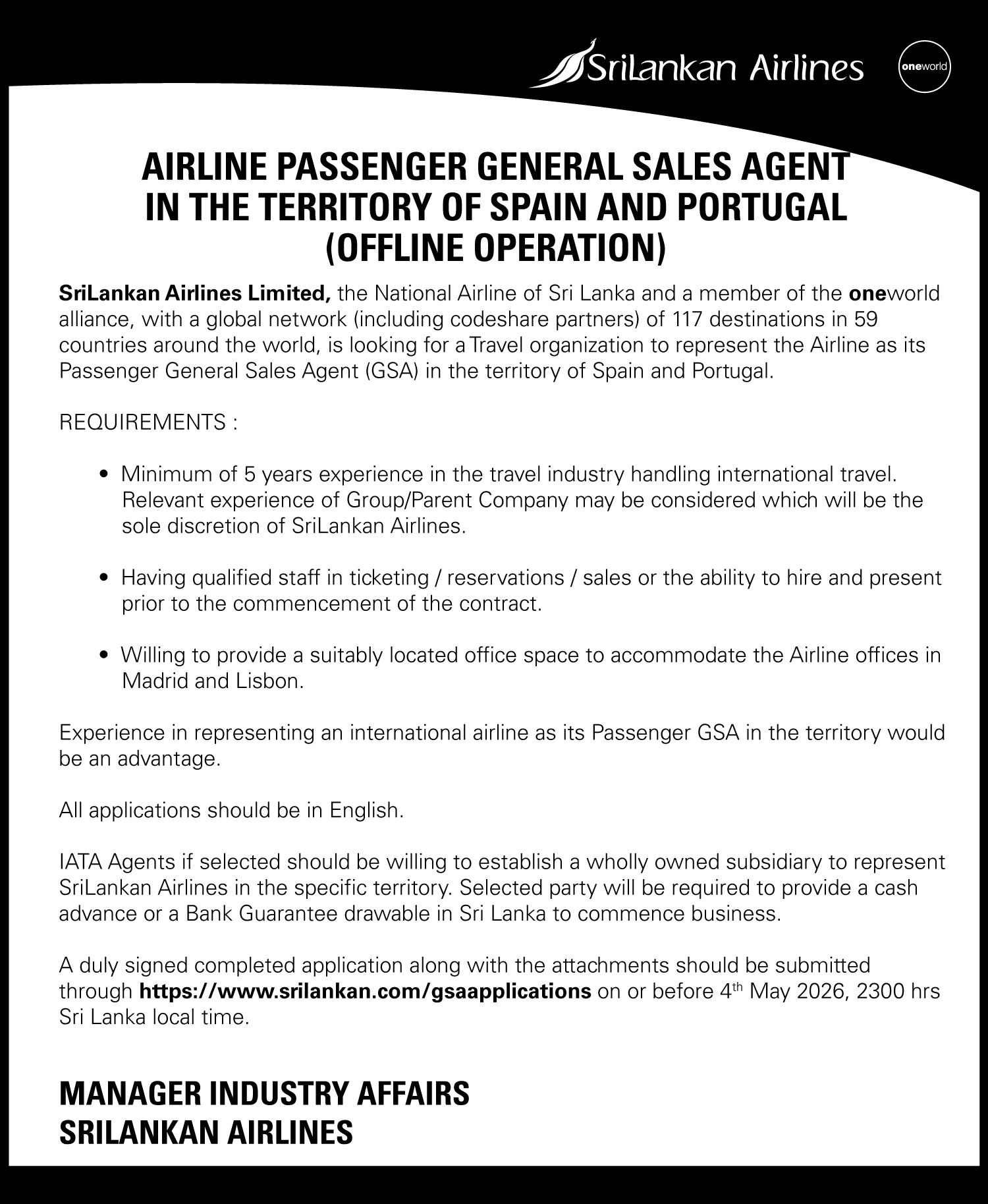 AIRLINE PASSENGER GENERAL SALES AGENT IN THE TERRITORY OF SPAIN AND PORTUGAL (OFFLINE OPERATION)